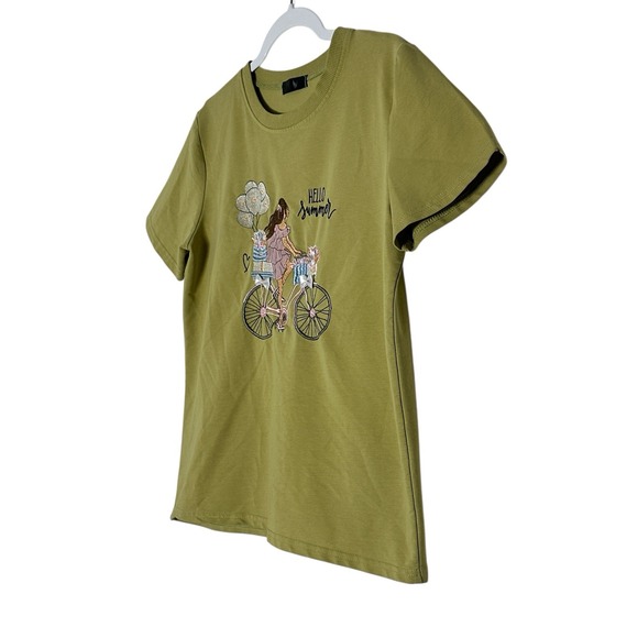 Hello Summer Top Women's Medium Short Sleeve Embroidered Coquette Stretch Olive - Picture 4 of 6